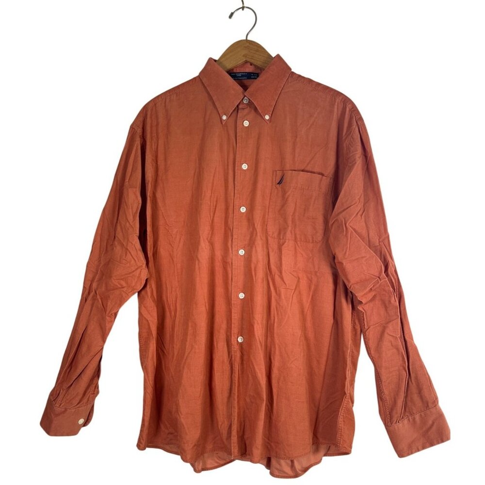 Nautica Mens Size 16.5 34/35 Shirt Orange Micro Corduroy Button Down Collar Logo